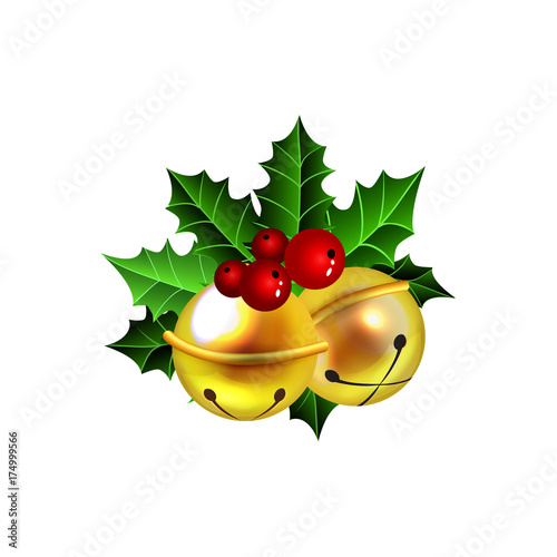 Two golden jingle bells with red ribbon
