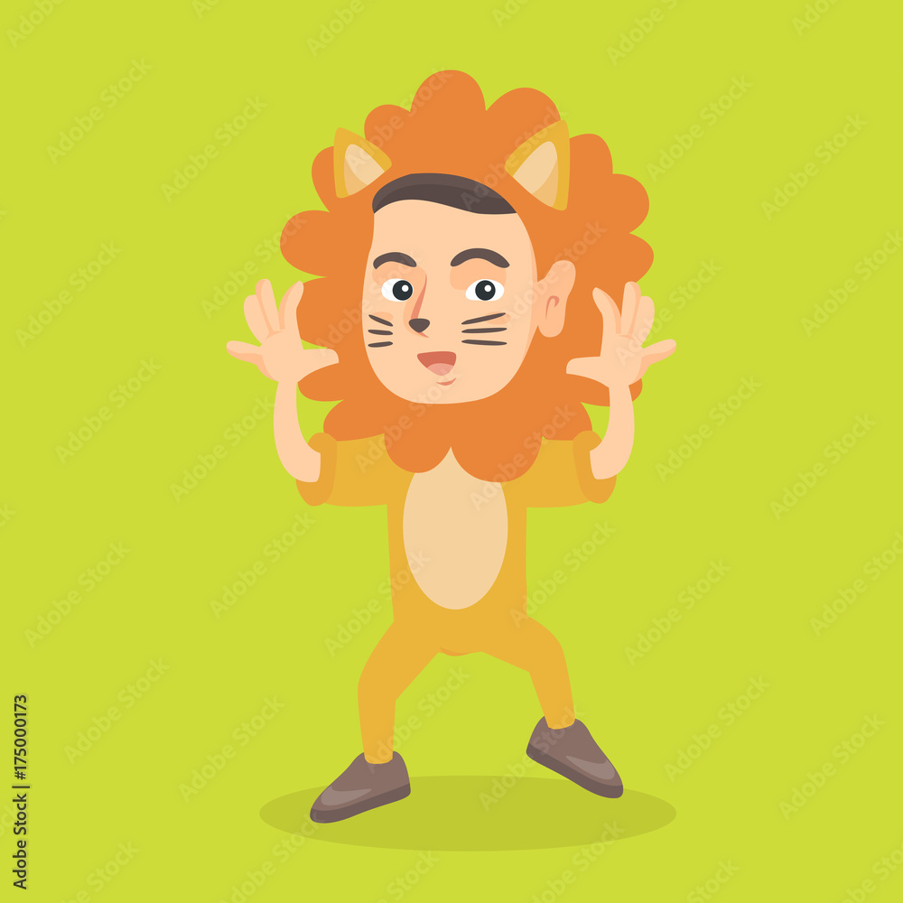 Φωτογραφία Little caucasian boy wearing a lion costume and trying to threaten like a lion