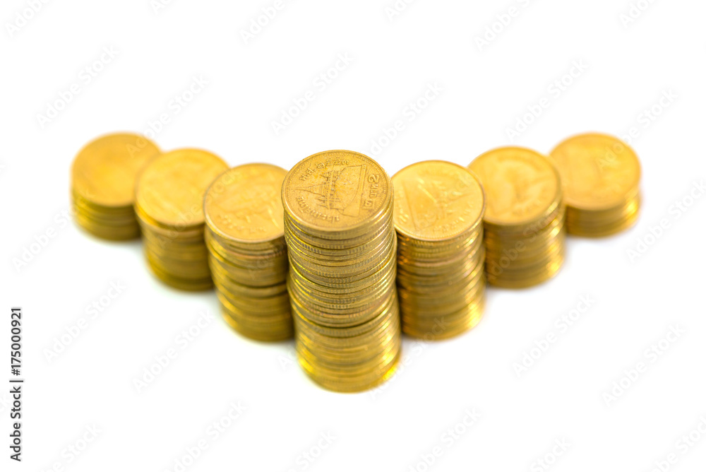 Increasing columns of coins, piles of gold coins arranged as a graph isolated on white background Increasing columns of coins, piles of gold coins arranged as a graph isolated on white background