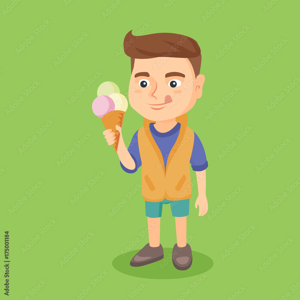 Little caucasian boy holding an ice cream cone. Cheerful boy eating a delicious ice cream cone. Happy boy looking at an ice cream and licking. Vector cartoon illustration. Square layout.