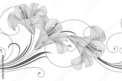 Abstract seamless hand drawn floral pattern with lily flowers. Vector illustration. Element for design.