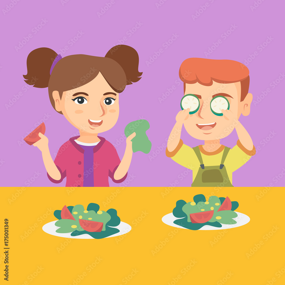 Happy caucasian boy and girl playing with vegetables. Little children having fun with vegetables. Cheerful kids sitting at the table with vegetables. Vector cartoon illustration. Square layout.