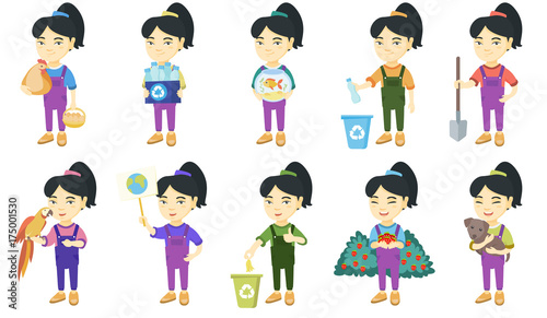 Little asian girl set. Girl throwing plastic bottle, banana peel in recycle bin, holding a shovel, pet parrot, small dog. Set of vector sketch cartoon illustrations isolated on white background.