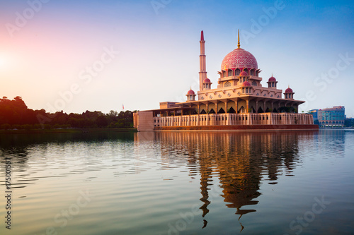 Putra mosque during sunrise with reflection, Malaysia