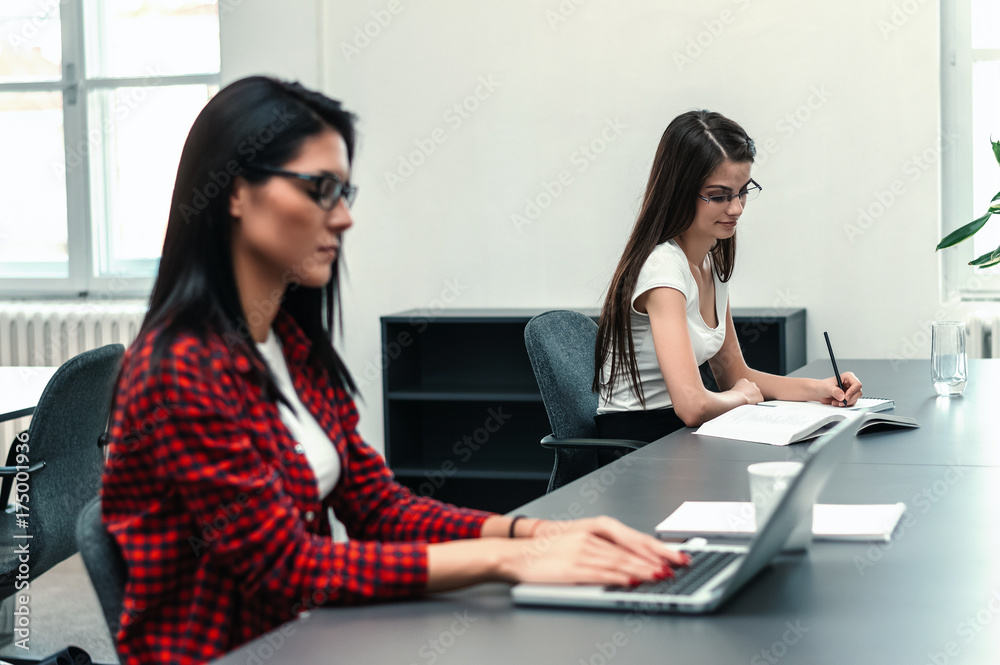 Two businesswomen in office working on project. Two businesswomen in office working on project.