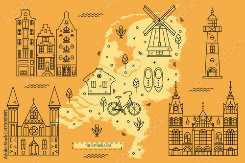Canvas-taulu The Netherlands map in flat line design