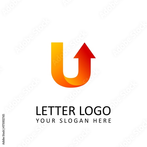 letter U logo template orange round ribbon with arrow head