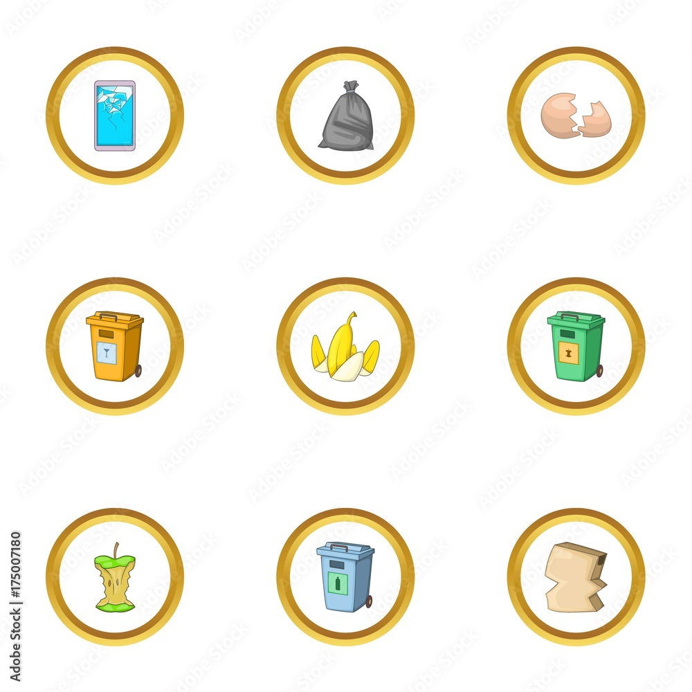 Trash icons set, cartoon style Trash icons set, cartoon style