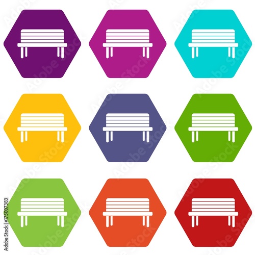 Street bench icon set color hexahedron