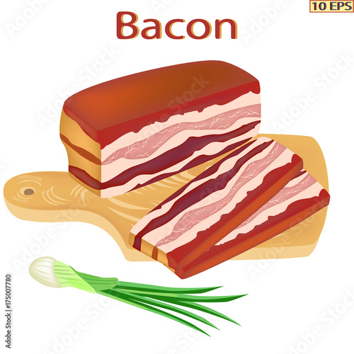 Bacon isolated on white background. Smoked brisket sliced on the board with appetizing pieces. Bacon vector. Smoked pork slices and onion.  Icon of meat pork. Delicious bacon. Vector illustration.
