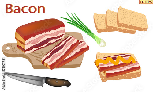 Bacon isolated on white background. Smoked brisket sliced on the board with appetizing pieces. Bacon vector. Smoked pork slices and onion.  Icon of meat pork. Delicious bacon. Vector illustration.