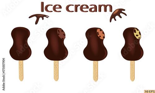 Classic Ice cream on a stick. Vector ice cream. Sundae. Chocolate ice cream. Sundae drizzled with chocolate. Dessert. The ice cream in chocolate with nuts. Sundae caramel. Vector illustration.