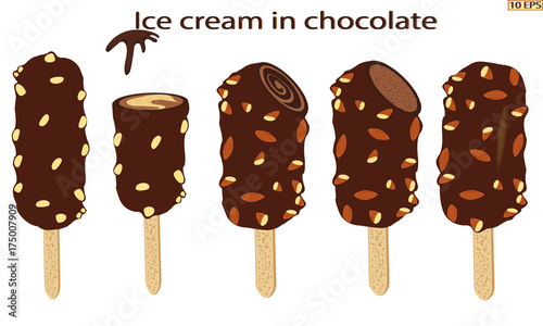 Classic Ice cream on a stick. Vector ice cream. Sundae. Chocolate ice cream. Sundae drizzled with chocolate. Dessert. The ice cream in chocolate with nuts. Sundae caramel. Vector illustration.