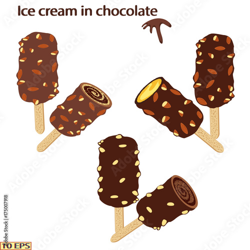 Classic Ice cream on a stick. Vector ice cream. Sundae. Chocolate ice cream. Sundae drizzled with chocolate. Dessert. The ice cream in chocolate with nuts. Sundae caramel. Vector illustration.