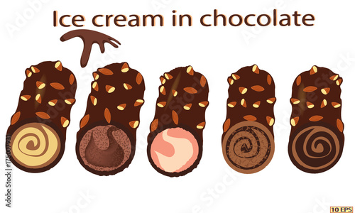 Classic ice cream. Chocolate ice cream. Sundae bowl and Ice cream balls with chocolate. Dessert. Ice caramel cream drizzled with chocolate. Vector illustration.
