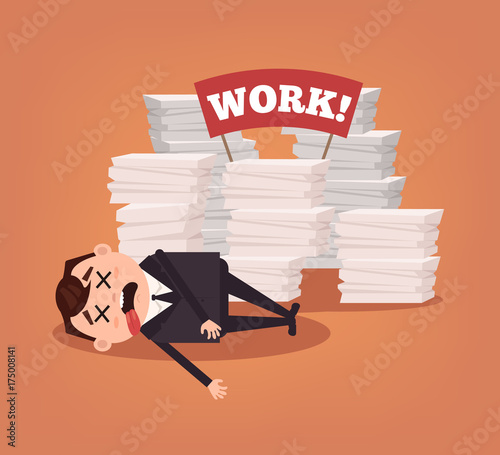 Unhappy tired office worker manager man character lying on floor. Vector flat cartoon illustration