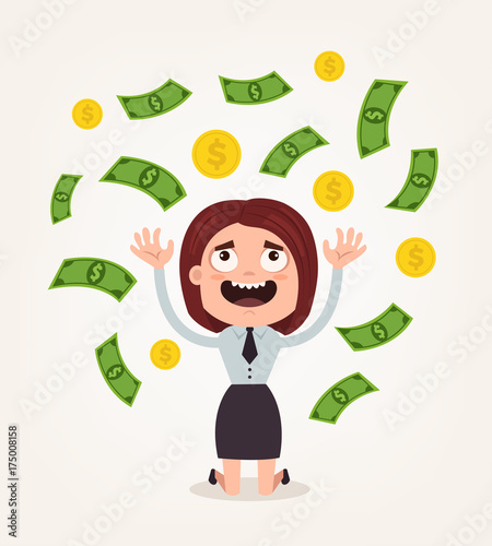 Happy smiling rich businessman woman office worker character sitting under money rain. Vector flat cartoon illustration
