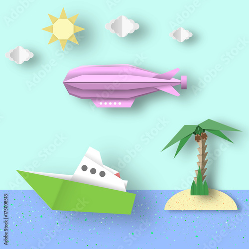 Airship Flies over the Sea and Island.