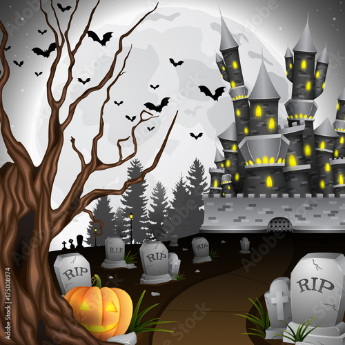 Halloween background with castle and pumpkin in graveyard