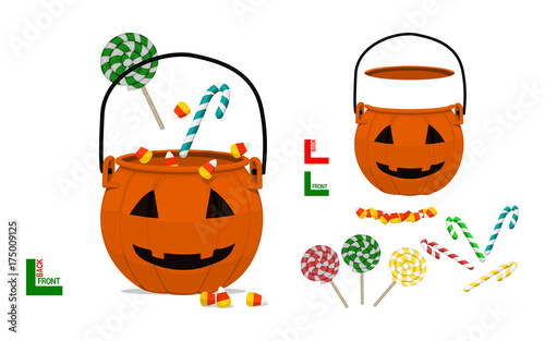 Set of Halloween pumpkin basket and candy on transparent background. Easy to create your composition by yourself
