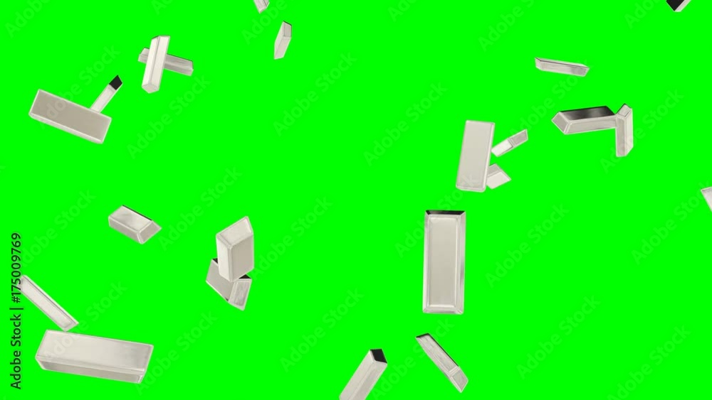 Animated very light rain of realistic fine bars of silver from low angle view against green background Animated very light rain of realistic fine bars of silver from low angle view against green background