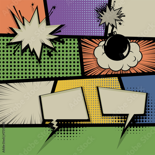 Vintage pop art comics book magazine cover template. Cartoon funny vintage strip comic superhero text, speech bubble, balloon, box message, burst bomb. Vector halftone illustration. Blank graphic