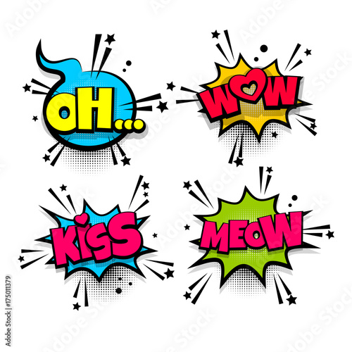wow meow kiss love oh set lettering. Comics book balloon. Bubble icon speech pop art phrase. Cartoon font label expression. Comic text sound effects. Vector illustration.