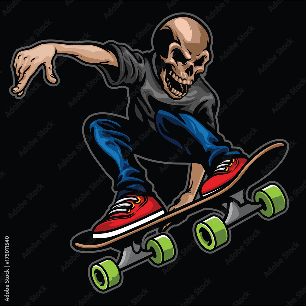 skull riding skateboard and doing the stunt