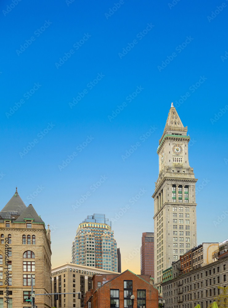 skyline of Boston with clock tower, customs house