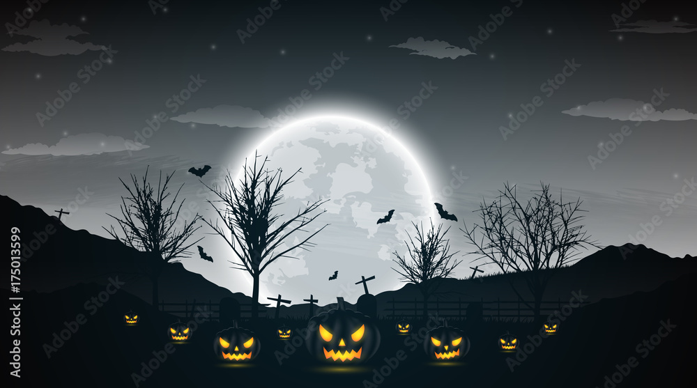 Fototapeta premium Halloween night background with pumpkin, naked trees, bat and full moon on dark background.