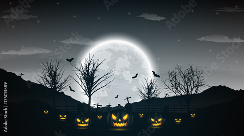 Halloween night background with pumpkin, naked trees, bat and full moon on dark background.