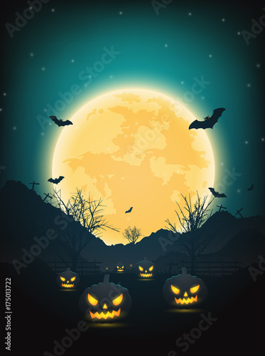 Halloween night background with pumpkin, naked trees, bat and full moon on dark background