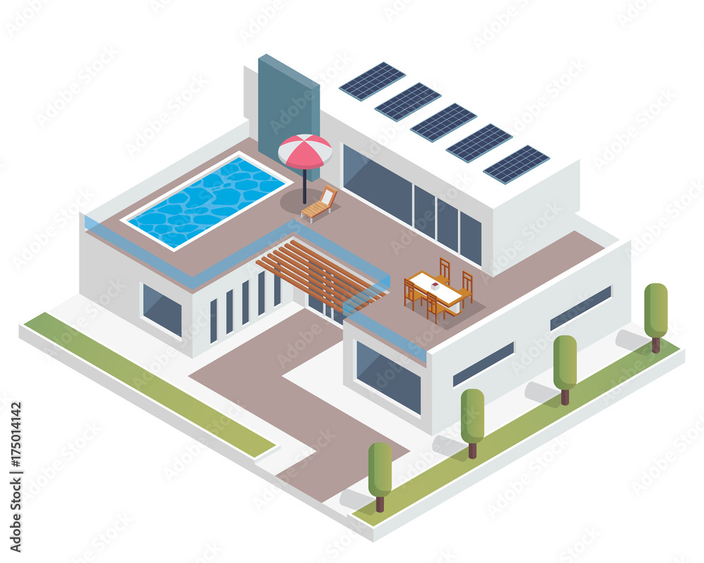 Modern Luxury Isometric Green Eco Friendly House With Solar Panel, Suitable for Diagrams, Infographics, Illustration, And Other Graphic Related Assets