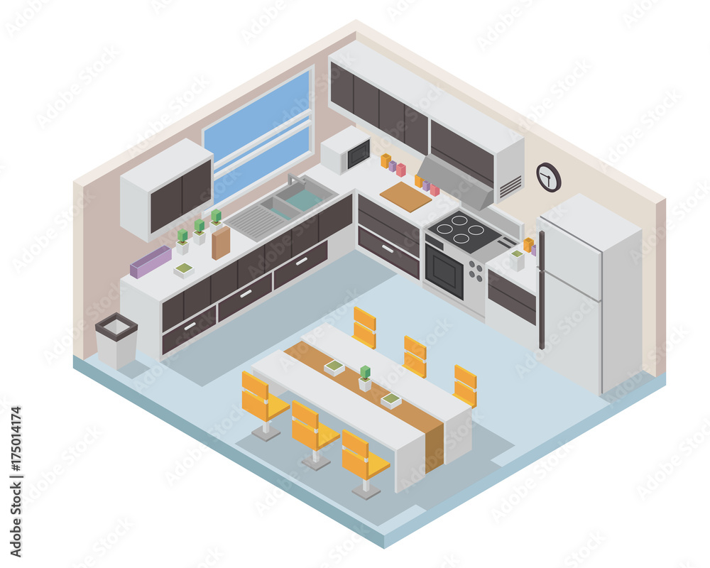 Modern Isometric Luxury House Kitchen Interior Design Illustration