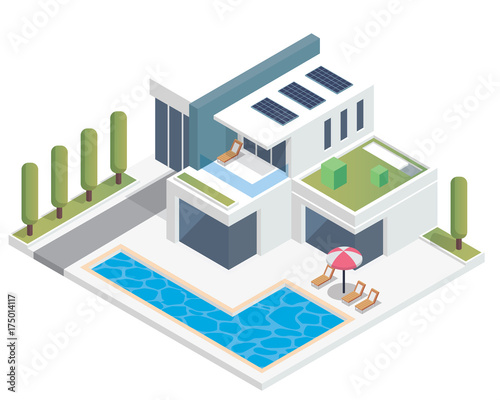 Modern Luxury Isometric Green Eco Friendly House With Solar Panel, Suitable for Diagrams, Infographics, Illustration, And Other Graphic Related Assets