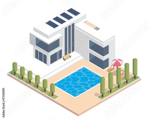 Modern Luxury Isometric Green Eco Friendly House With Solar Panel, Suitable for Diagrams, Infographics, Illustration, And Other Graphic Related Assets