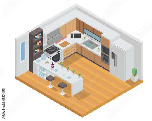 Modern Isometric Luxury House Kitchen Interior Design Illustration