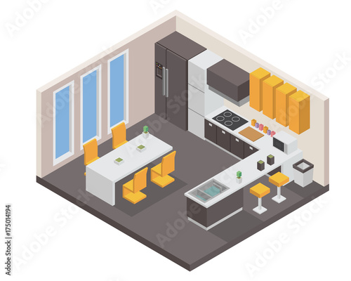 Modern Isometric Luxury House Kitchen Interior Design Illustration