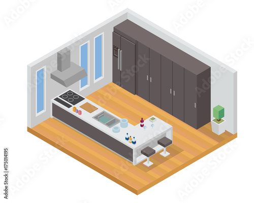 Modern Isometric Luxury House Kitchen Interior Design Illustration