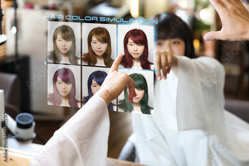 Hair color simulation system concept. Technological scene of hair salon. Smart mirror display.