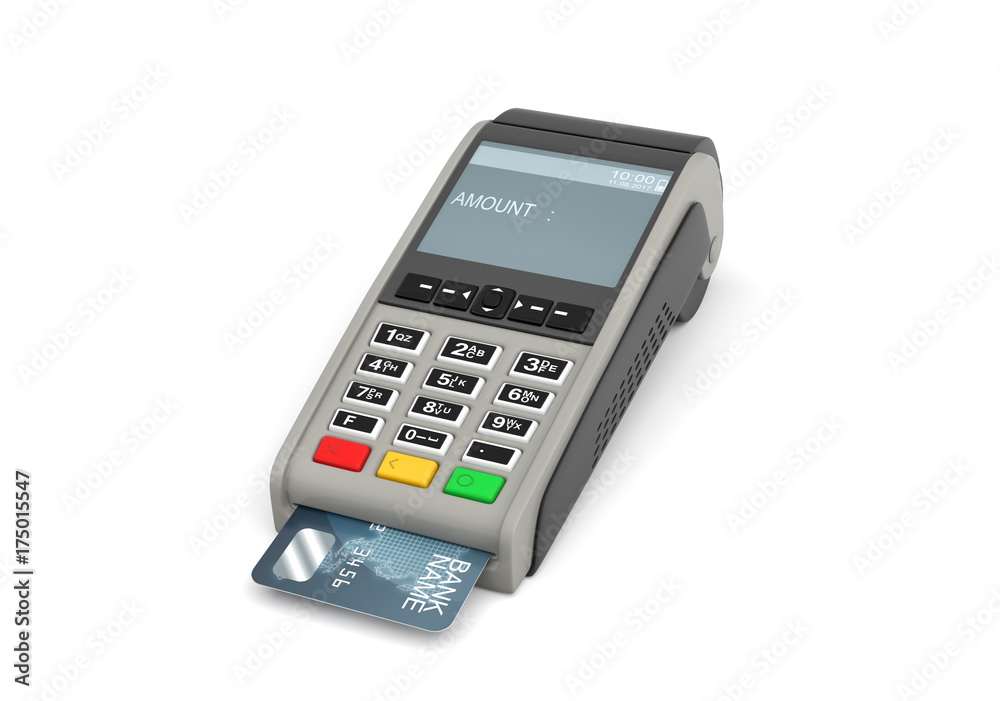 3d rendering of a card payment terminal with a sticking plastic card inside on white background. 3d rendering of a card payment terminal with a sticking plastic card inside on white background.
