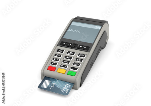 3d rendering of a card payment terminal with a sticking plastic card inside on white background.