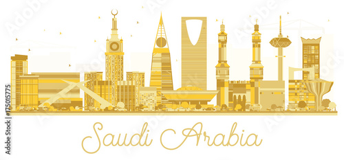 Saudi Arabia golden skyline silhouette.