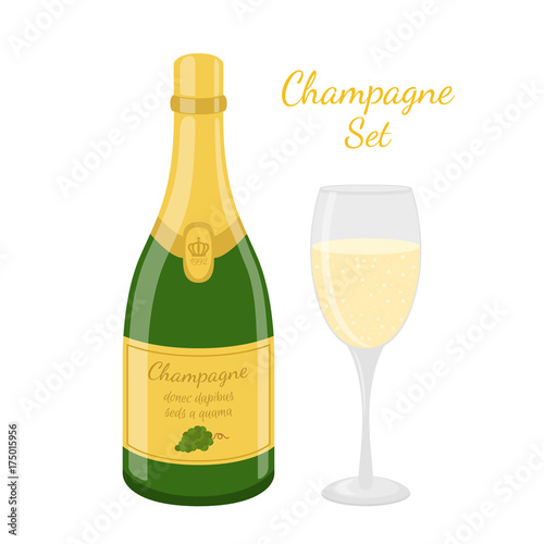 Champagne bottle  wine glass. Cartoon flat style. Vector illustration
