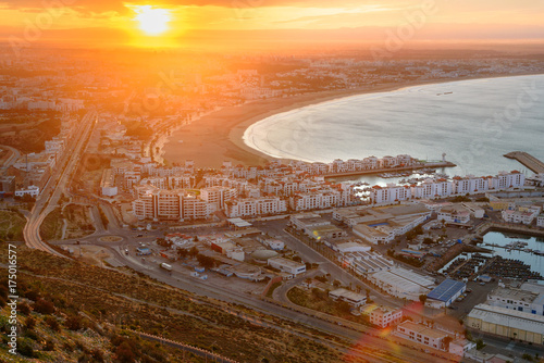 Beach in Agadir city at sunrise, Morocco