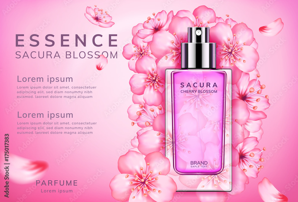 Sakura perfume ads, realistic style perfume in a glass bottle on a pink ...