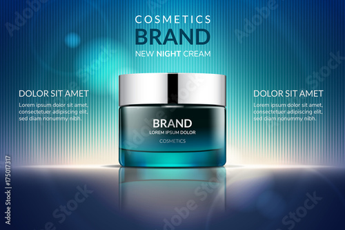 Cosmetic cream ads, green glossy container, isolated on a modern blue background, 3d illustration