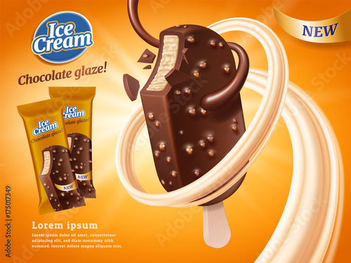 Chocolate vanilla milk ice bar ads, with chocolate and milk and peanut elements, orange background with the effect of sunlight, 3d illustration