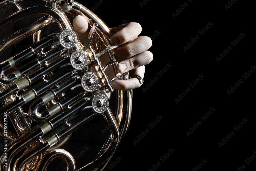 Naklejka premium Instrument waltorni. Ręce grający na rogu