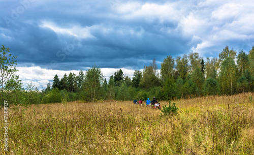 Autumn landscape with a group of cyclists.